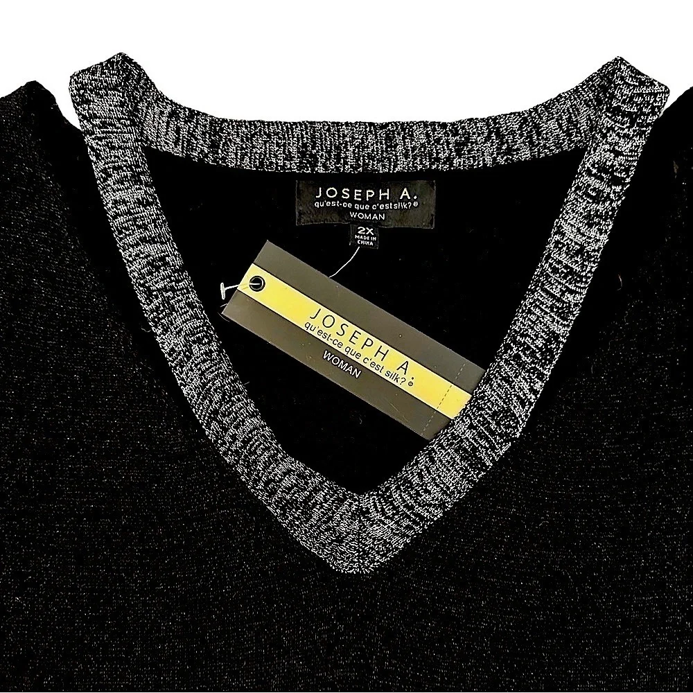 JOSEPH A. Black & Silver V-Neck Lightweight Sweater with Silver Cut-Out Accents
